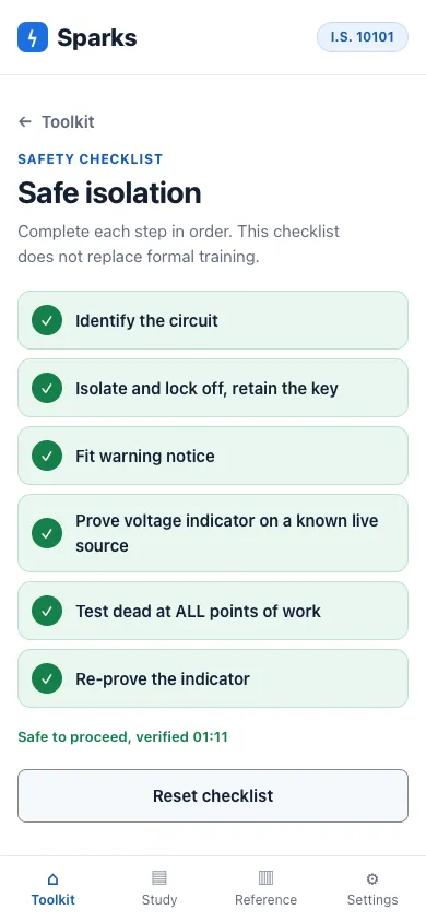 The safe isolation checklist with six steps, each ticked in order, ending in a verified timestamp.