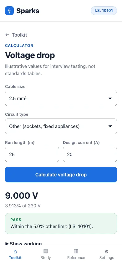 The voltage drop screen: 9.000 volts, 3.913 percent of 230 volts, marked as a pass within the 5 percent limit, with the working shown underneath.